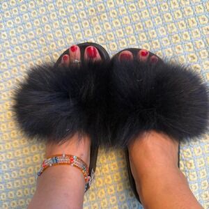 Y2K Mcbling Black Faux Fur Slides Bratz Doll Goth Bimbocore Sandals Womens 10